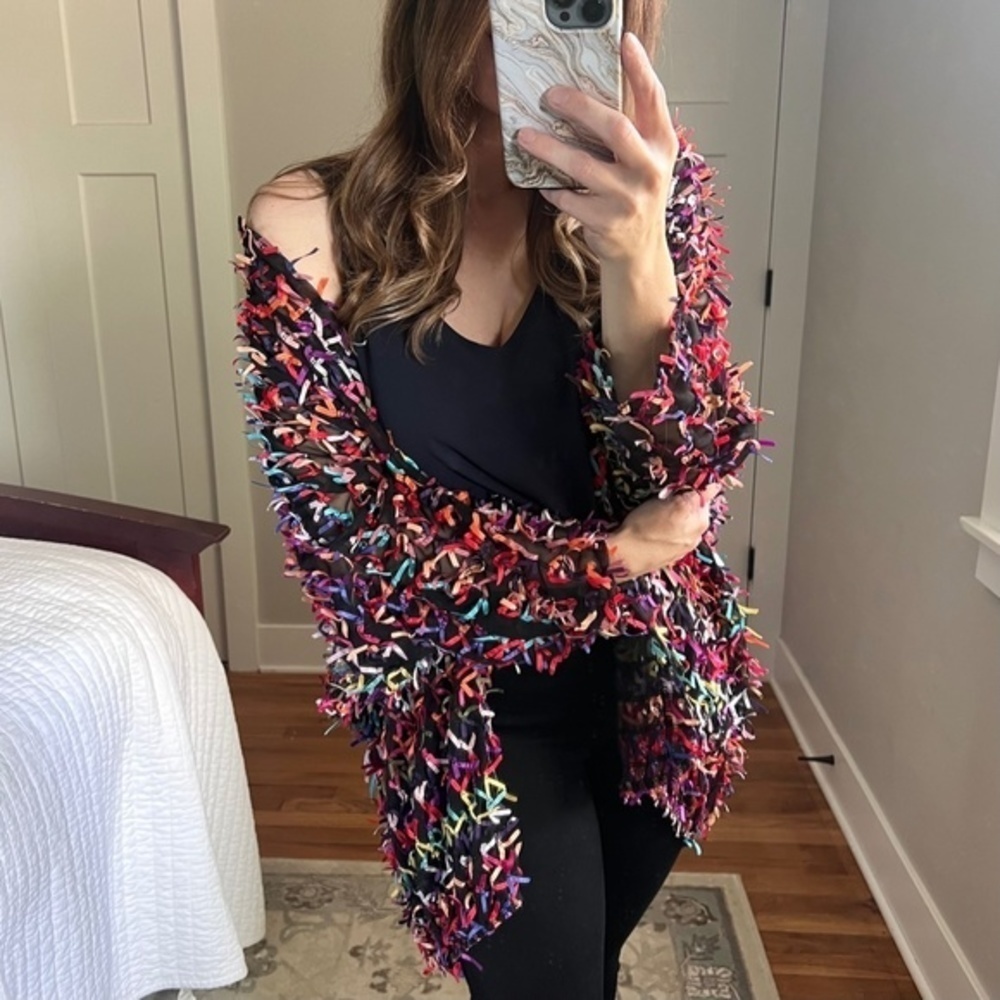 VINTAGE Oscar de la Renta RARE 80s Sheer Black Bow Jacket Cardigan, Large - Picture 6 of 15